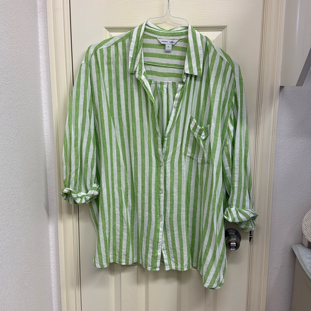 Green and white striped linen shirt